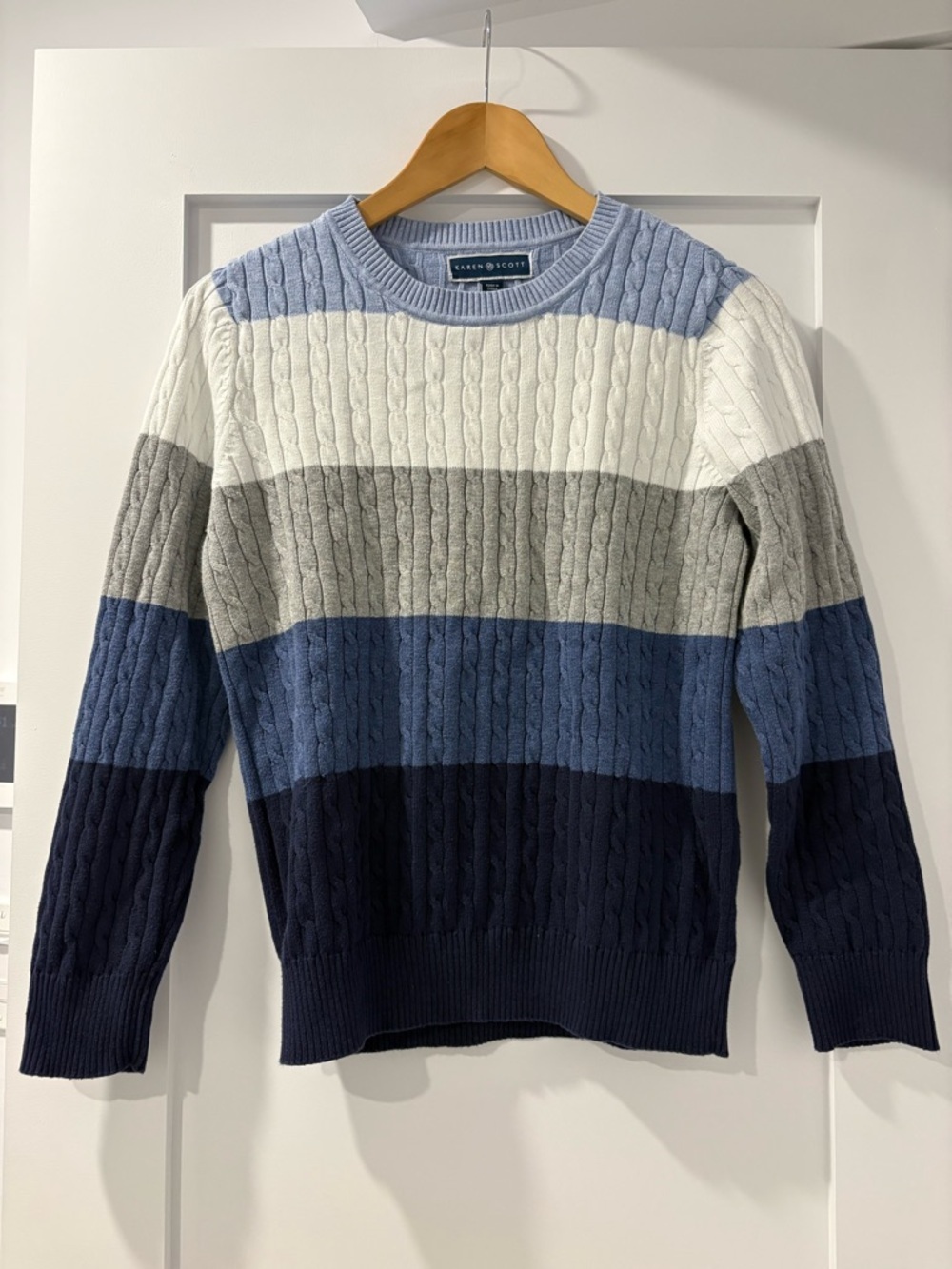 Karen Scott Cable Knit Colorblock Sweater Medium Blue Gray White